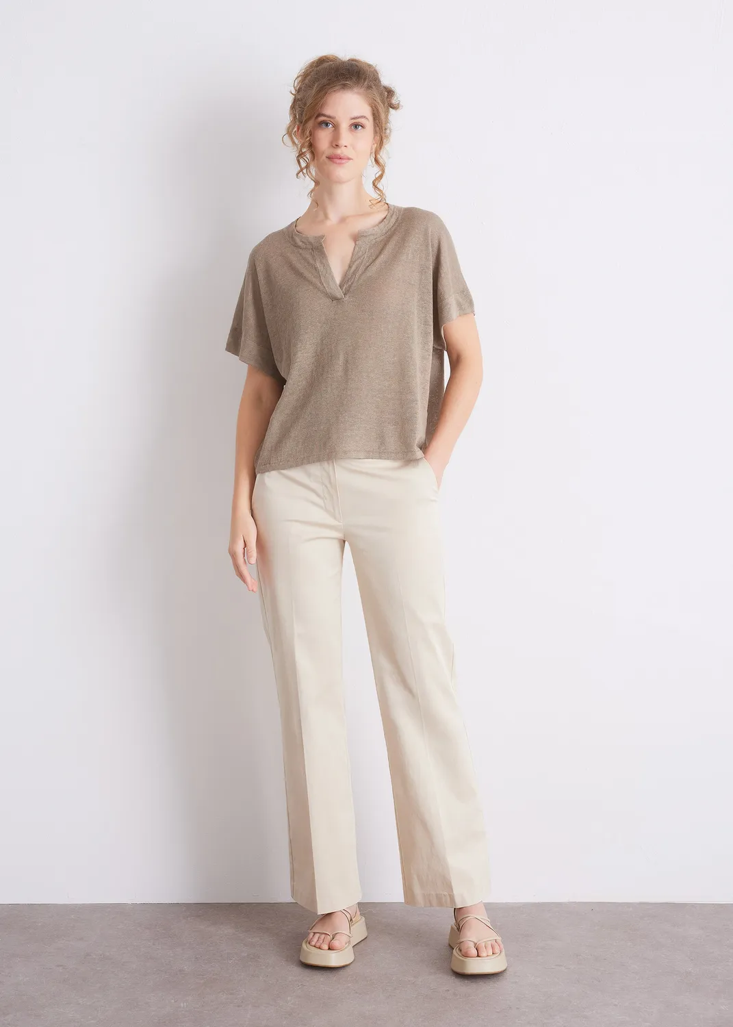 Senatex Leinenshirt mit Schlitz-Ausschnitt Mocca reines Leinen