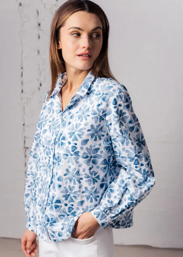 Senatex Hemdbluse Floral Denim Flower Baumwolle