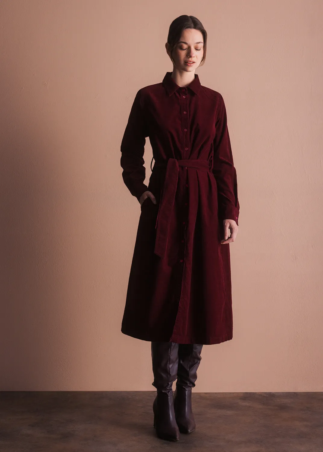 Senatex Hemdblusenkleid aus Cord mit Bindegürtel Kleid Navy Bio
