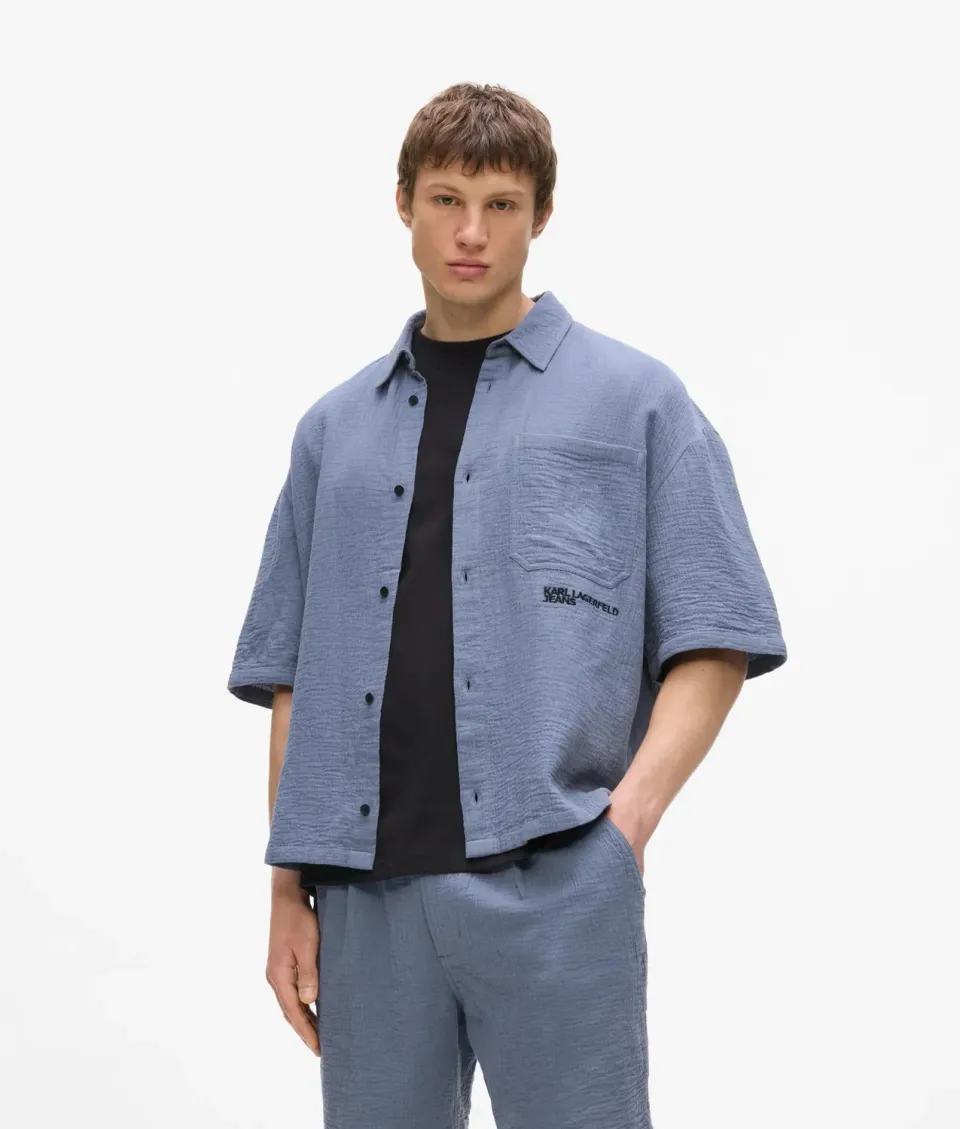 Karl Lagerfeld KL Jeans Crinkled Hemd Baumwolle Herren kurzarm