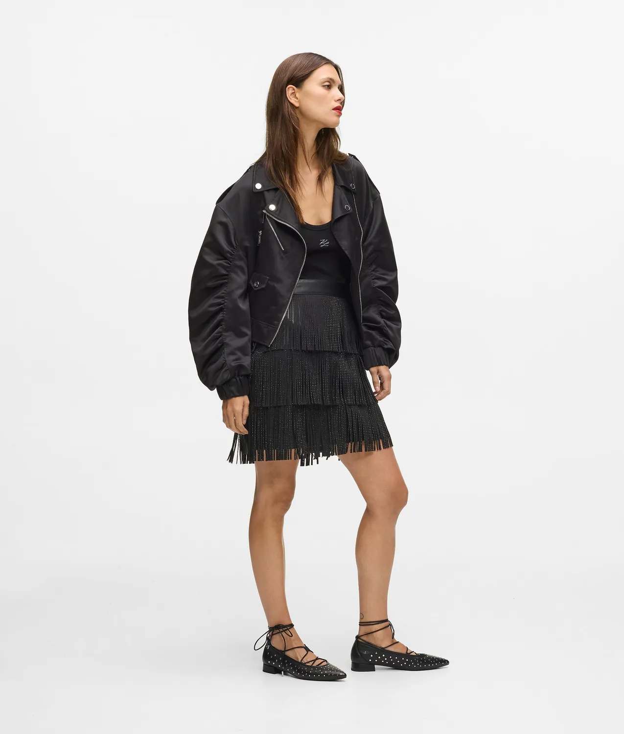 Karl Lagerfeld Minirock Damen Kunstleder Fransen Strass