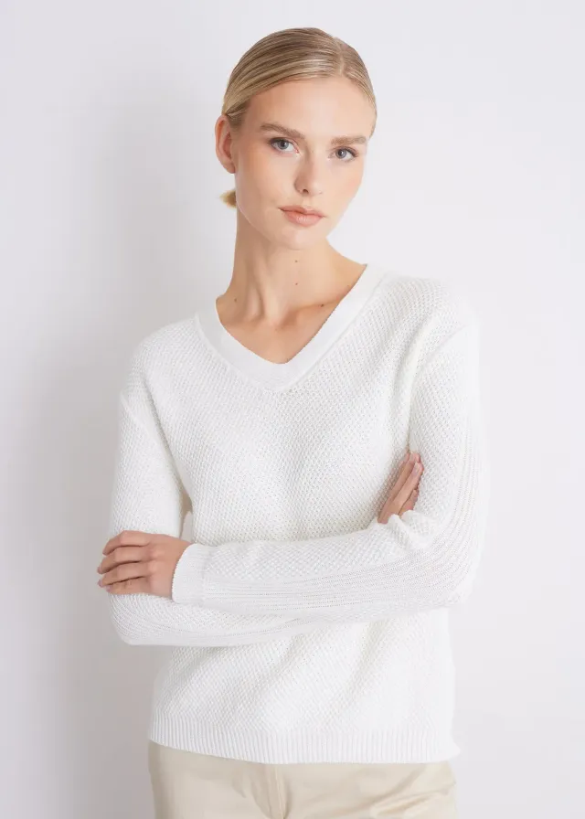 Senatex Baumwollpullover V-Ausschnitt Pullover Cream Bio-GOTS