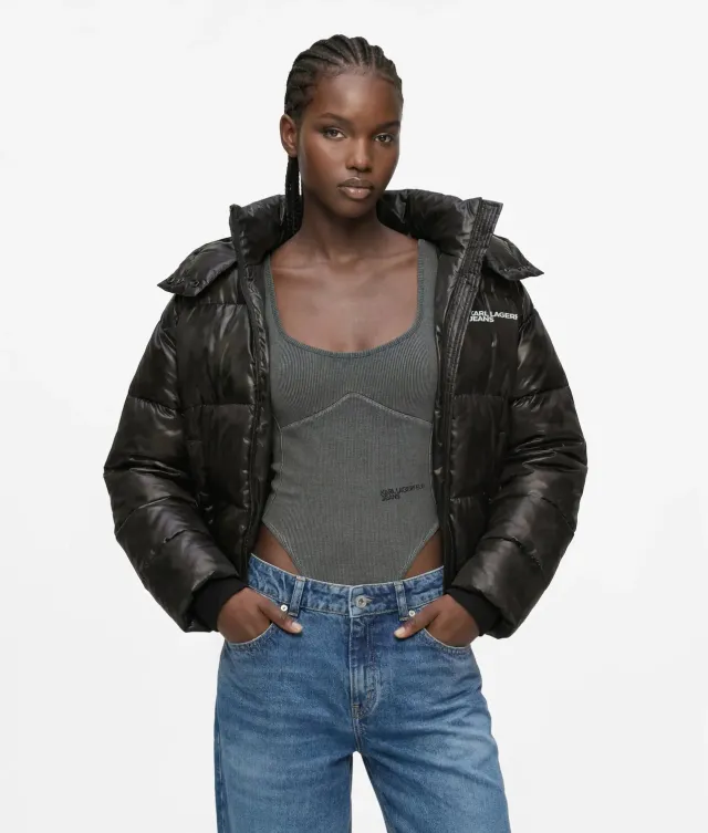 Karl Lagerfeld Jeans Cropped Pufferjacke glänzend mit Kapuze
