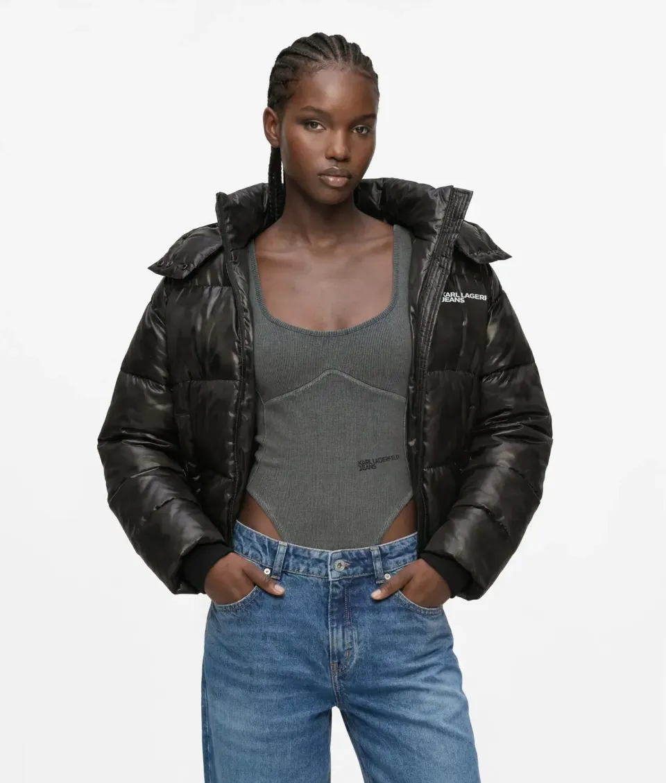 Karl Lagerfeld Jeans Cropped Pufferjacke glänzend mit Kapuze