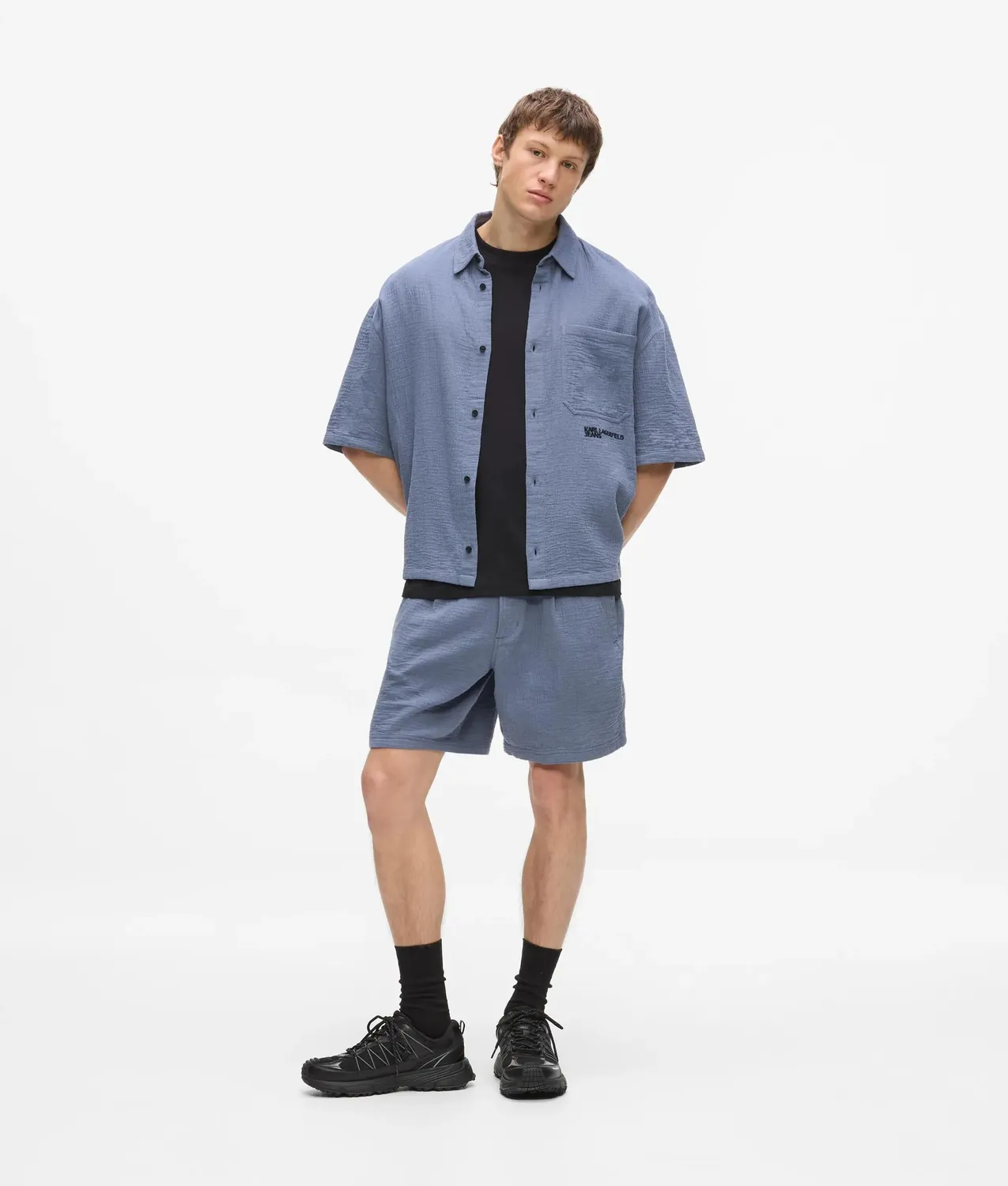 Karl Lagerfeld KL Jeans Crinkled Hemd Baumwolle Herren kurzarm