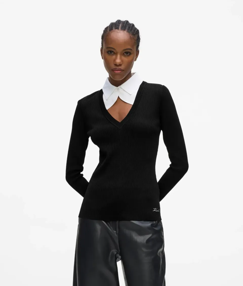 Karl Lagerfeld Polo Strick Kontrastkragen Langarm XS-XL