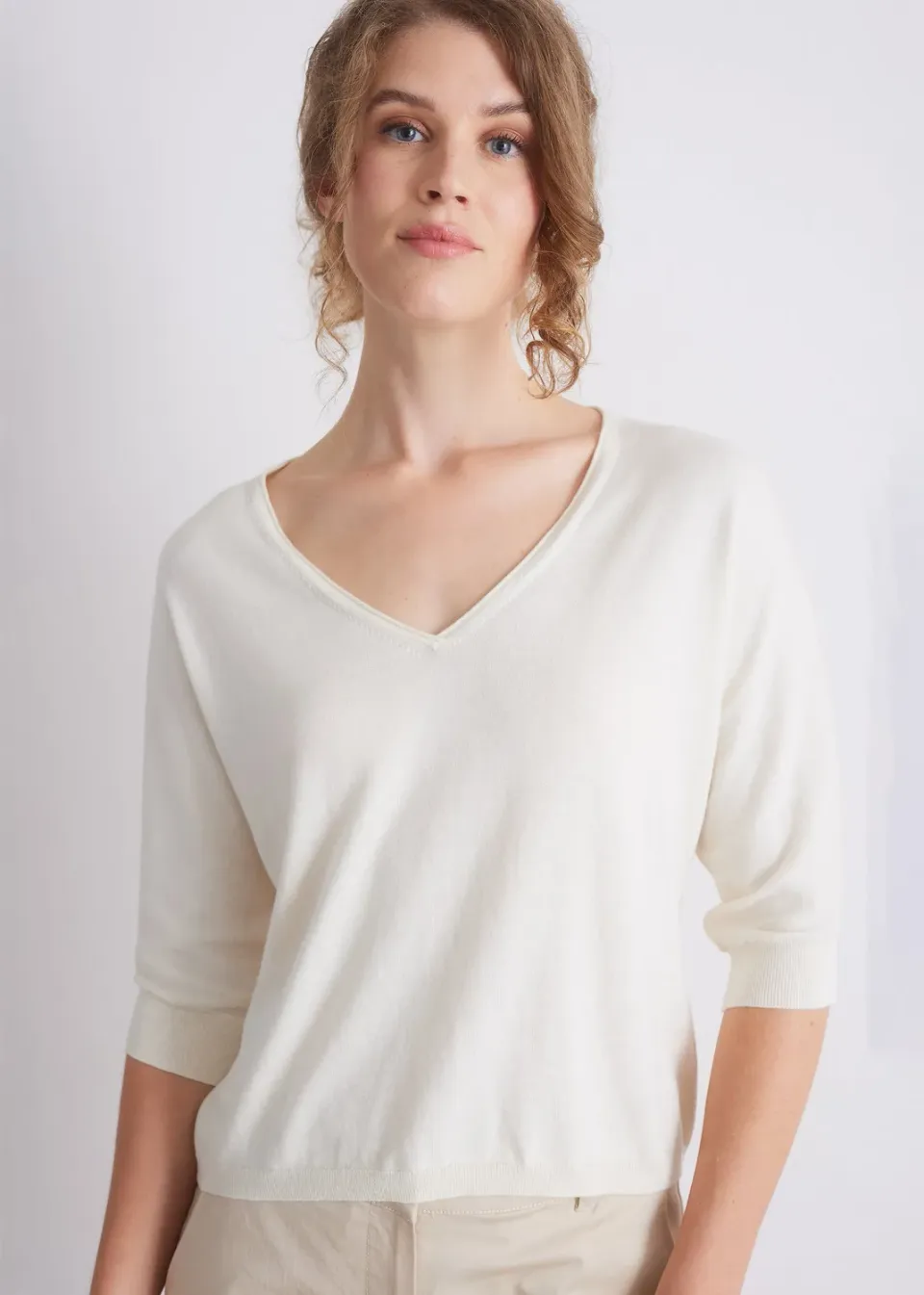 Senatex V-Ausschnitt-Pullover Baumwoll-Kaschmir Off-White GOTS