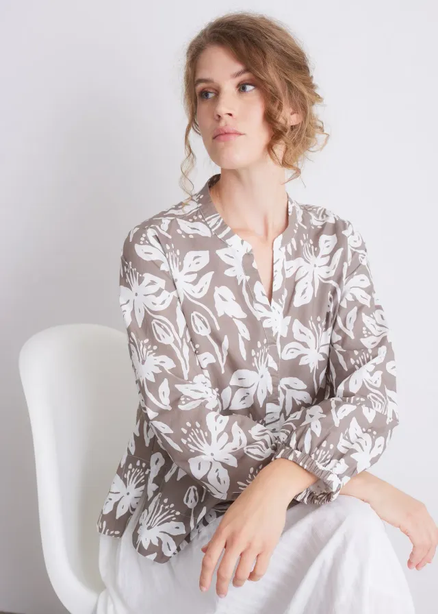 Senatex Bluse Tropical Shadow Gemustert V-Ausschnitt