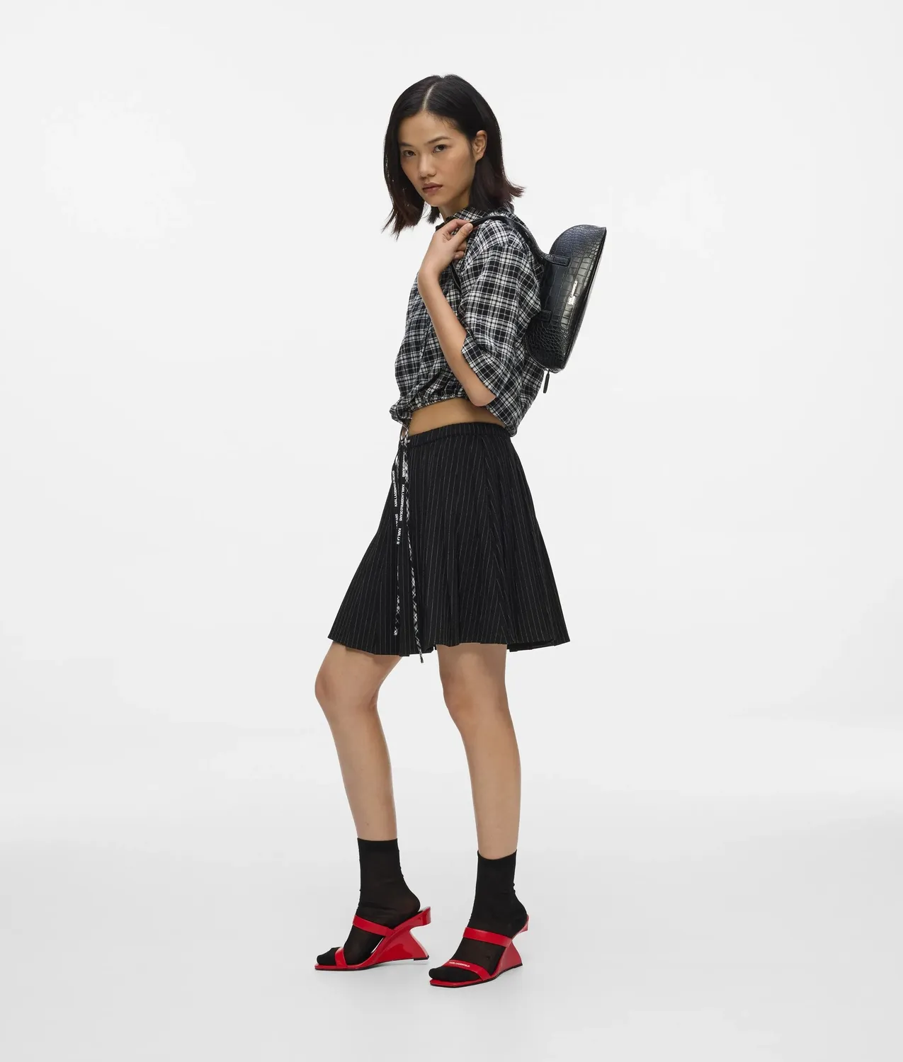 Karl Lagerfeld Croco Schultertasche Lang Kunstleder Schwarz
