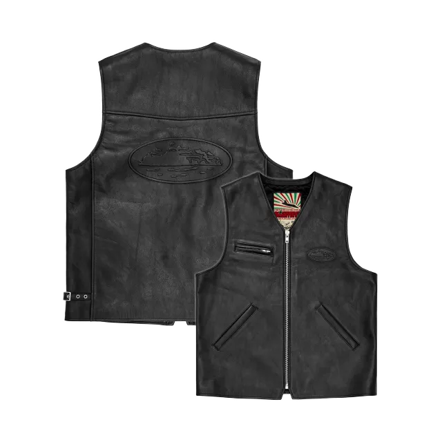 Corteiz Skydive Leather Vest Lederweste Schwarz Kalbsleder