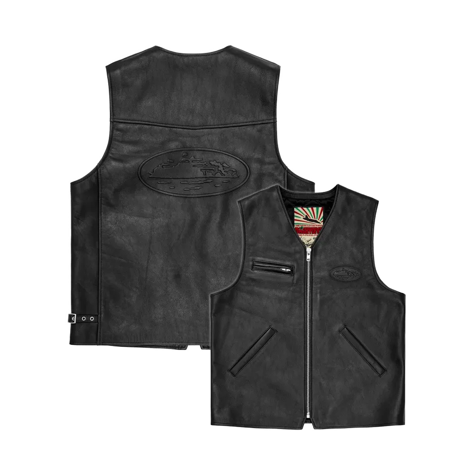 Corteiz Skydive Leather Vest Lederweste Schwarz Kalbsleder