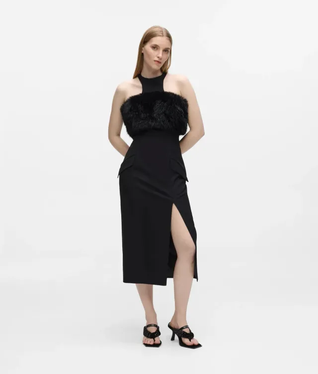 Karl Lagerfeld Faux-Fur Trim Kleid Midi Racerback 0-10