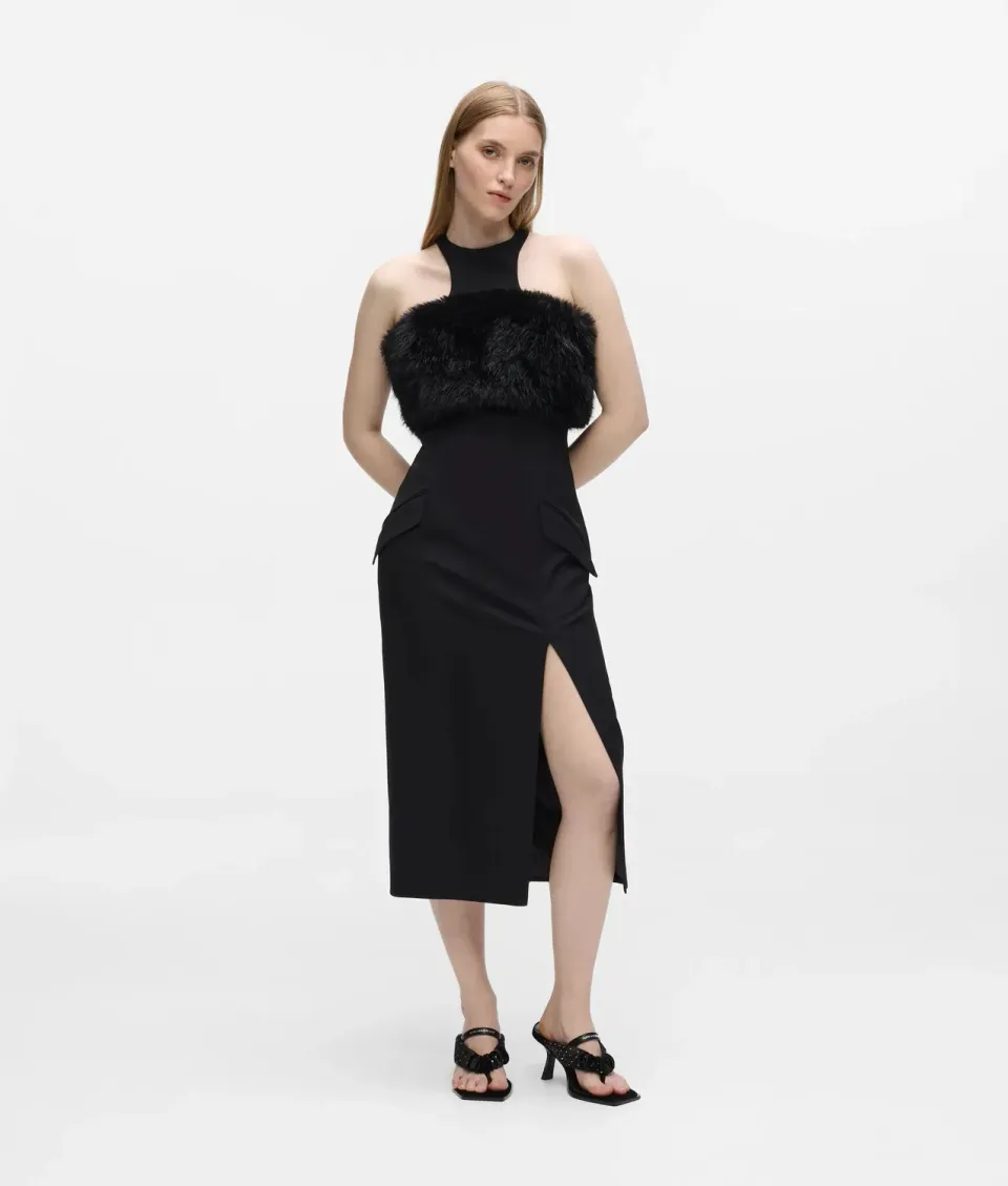 Karl Lagerfeld Faux-Fur Trim Kleid Midi Racerback 0-10