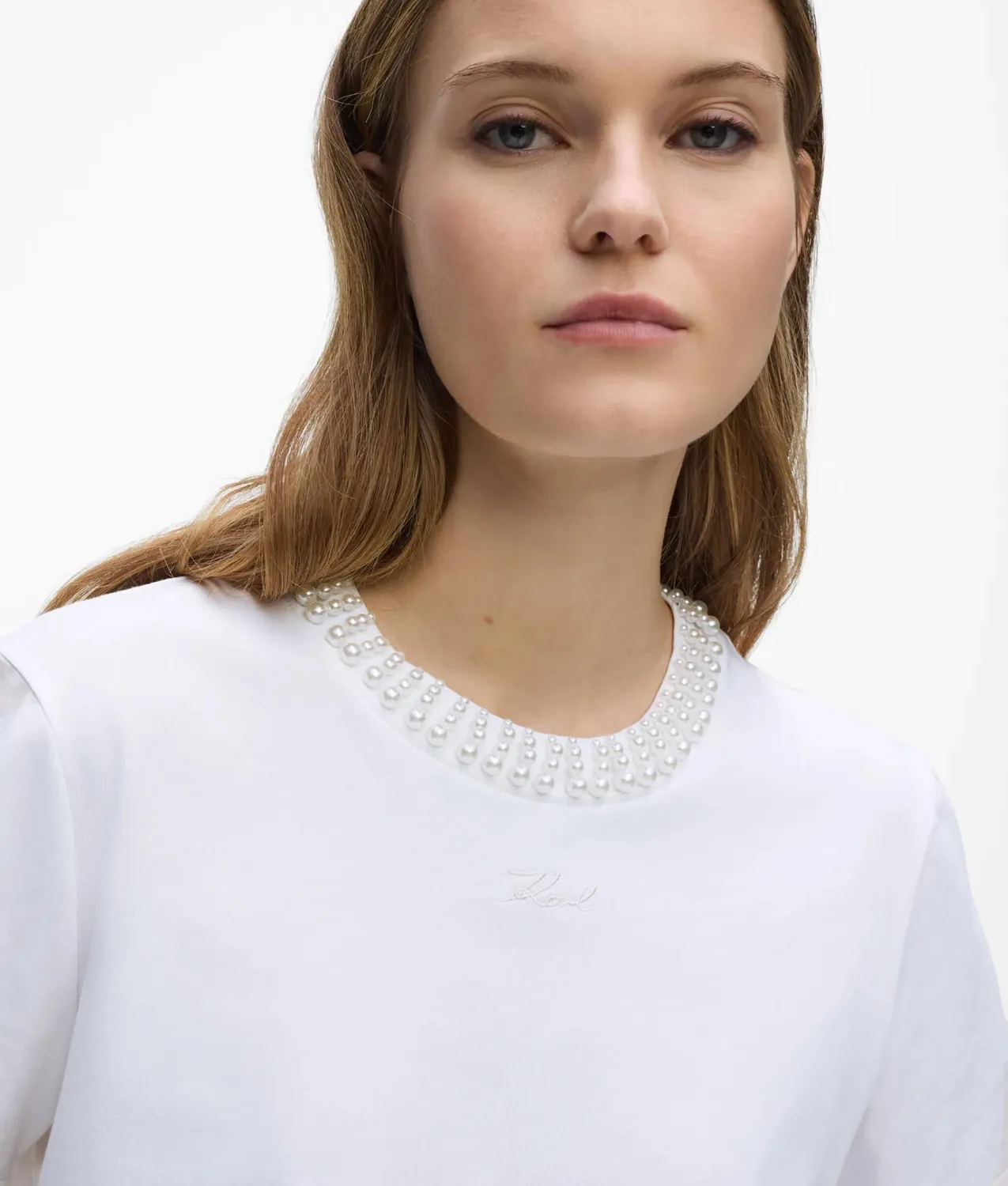 Karl Lagerfeld Faux-Perl T-Shirt Bio-Baumwolle weiß Damen