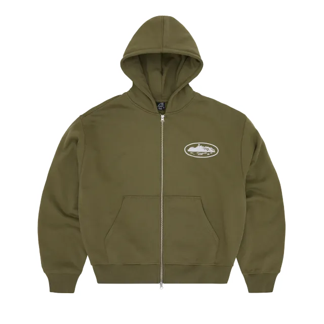 Corteiz Island Puff Zip Hoodie Olive Baumwolle