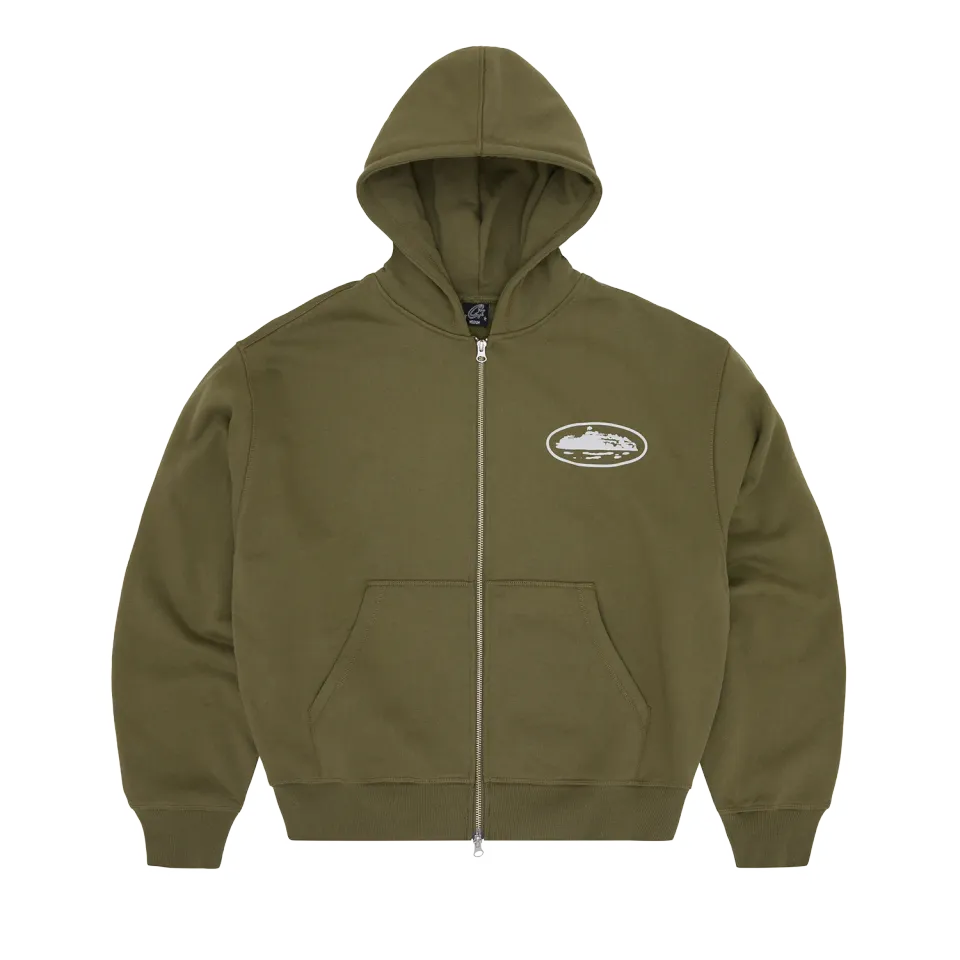 Corteiz Island Puff Zip Hoodie Olive Baumwolle