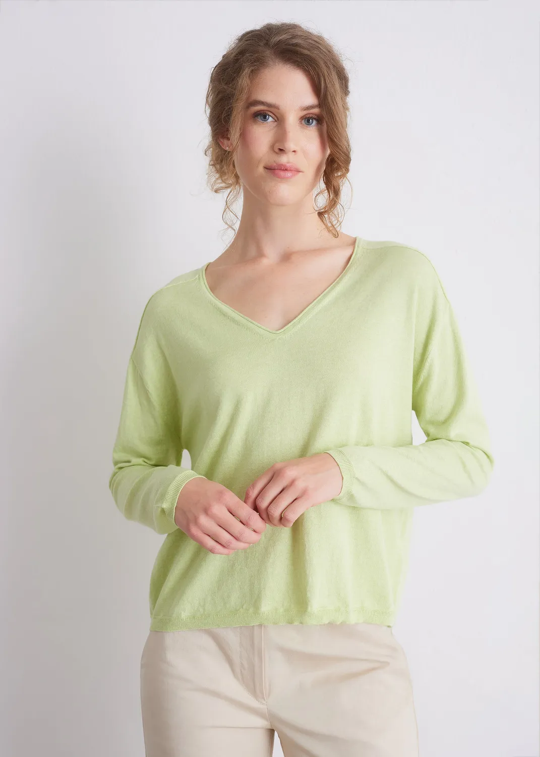 Senatex V-Ausschnitt-Pullover Baumwoll-Kaschmir Frost