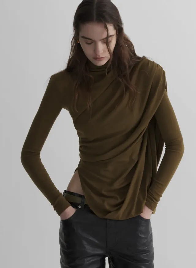 Mugler Cascade Sleeves Top khaki Wolle