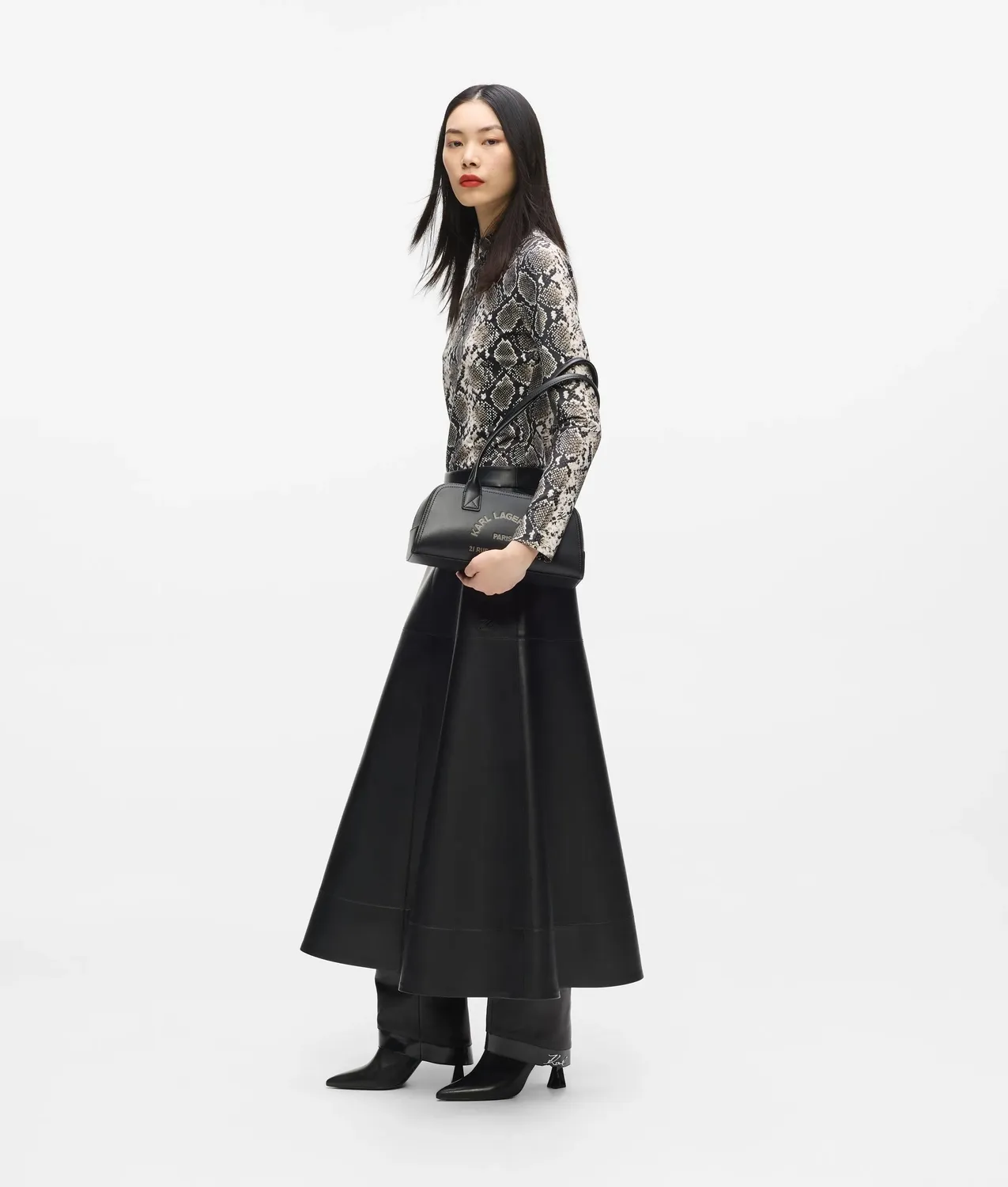 Karl Lagerfeld Midi Rock Kunstleder High Waist schwarz