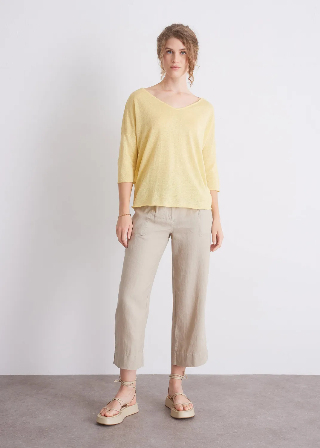 Senatex Leinenpullover mit V-Ausschnitt Pullover Weiß Leinen