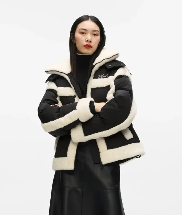Karl Lagerfeld Faux-Shearling Puffer Jacke Steppjacke XS-XL Kapuze