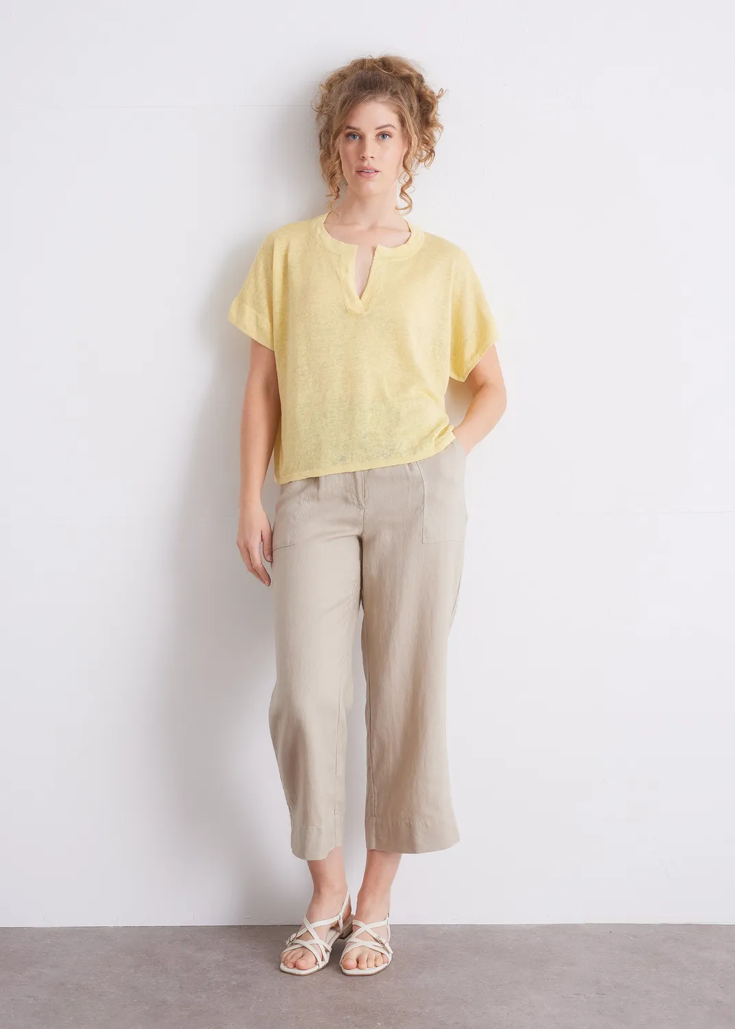 Senatex Leinenshirt mit Schlitz-Ausschnitt Mocca reines Leinen