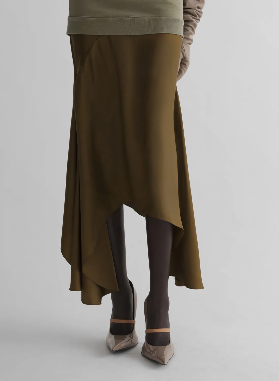 Mugler Asymetric Fluid Midi-Rock khaki Seide