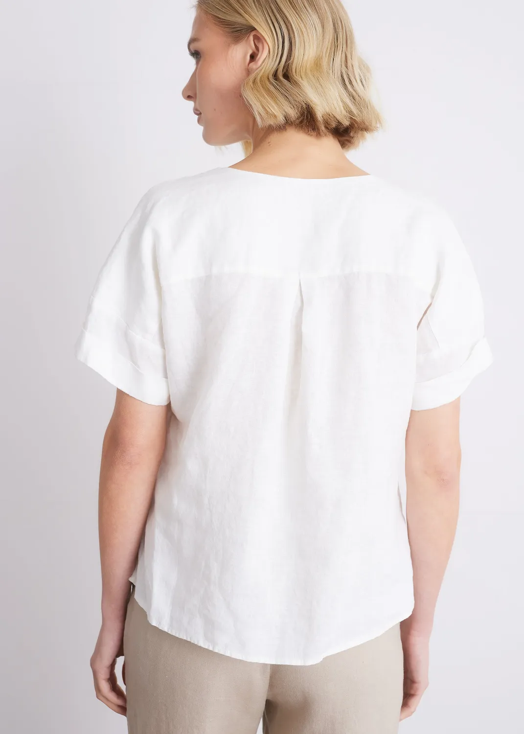 Senatex Bluse Leinen V-Ausschnitt Off-White Kurzarm