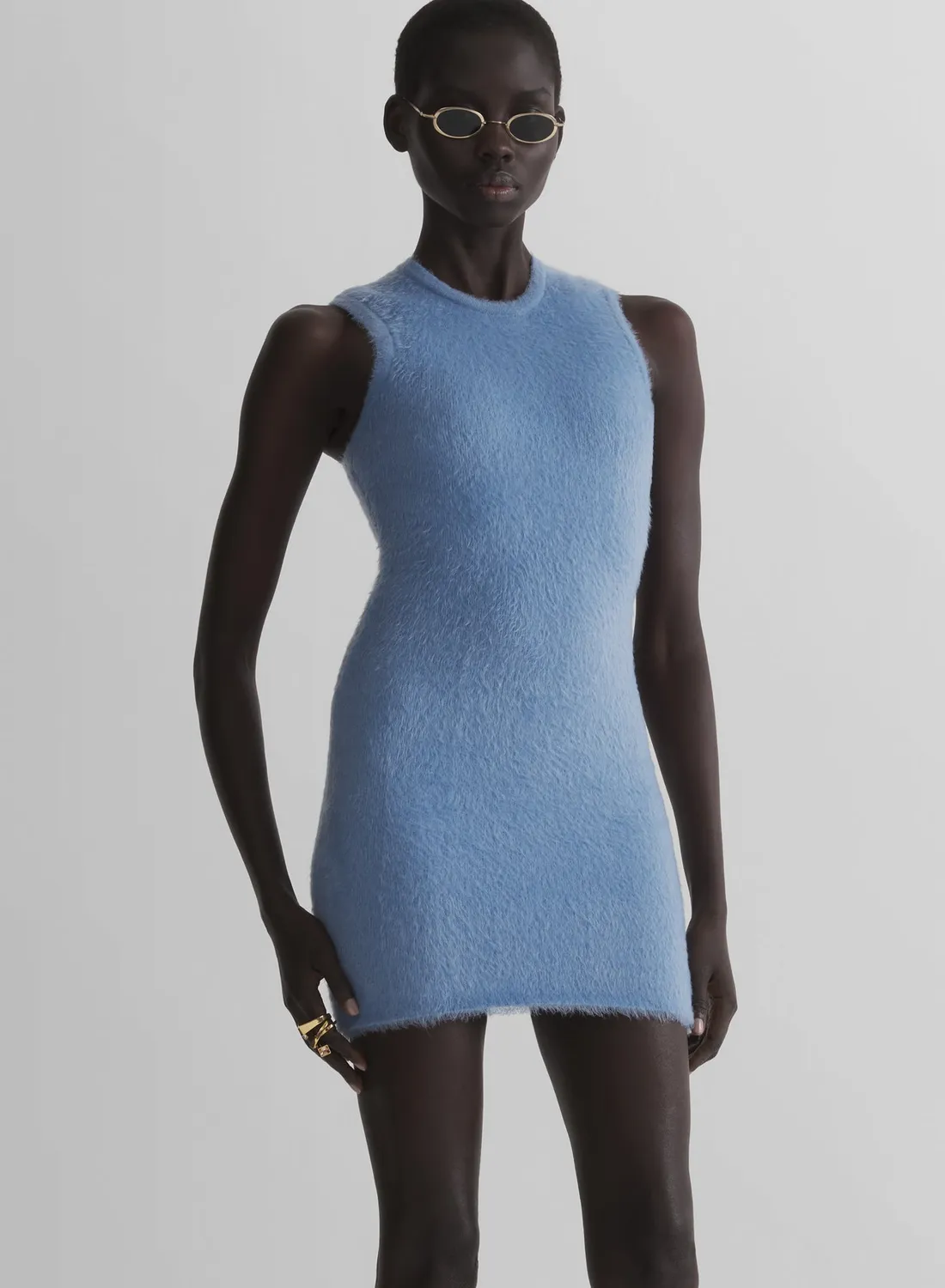 Mugler Brushed Knit Kleid Hellblau Mini