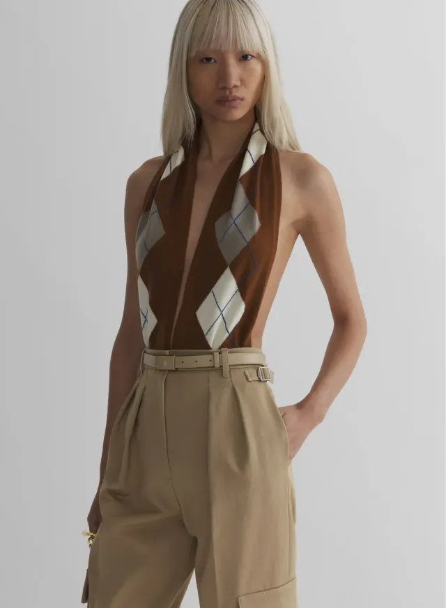 Mugler Argyle Bodysuit Kaschmir Braun Neckholder
