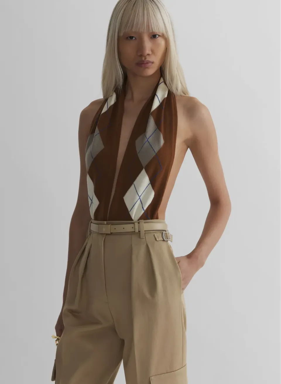 Mugler Argyle Bodysuit Kaschmir Braun Neckholder