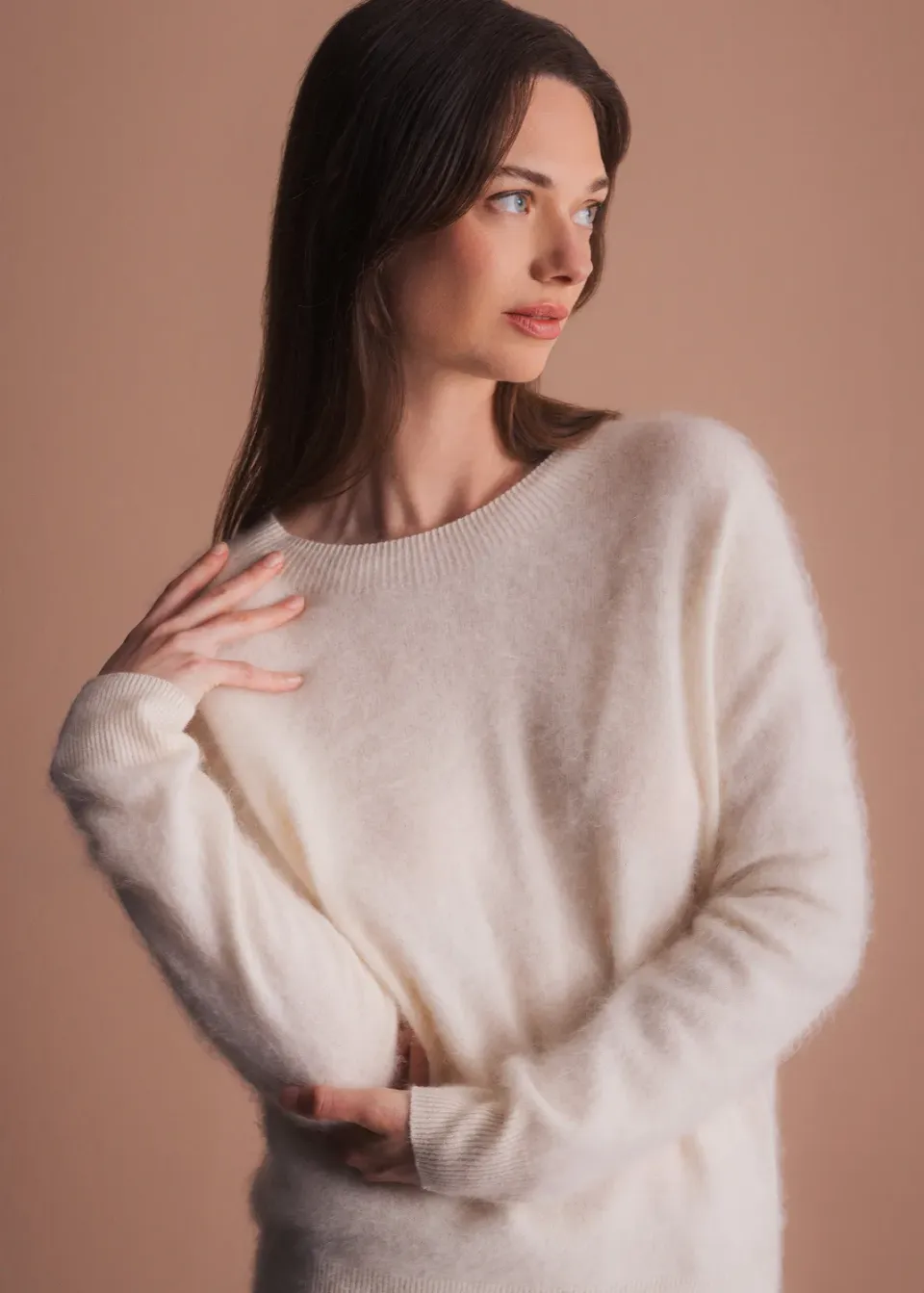 Senatex Rundhals Pullover gebrushtes Garn Cream