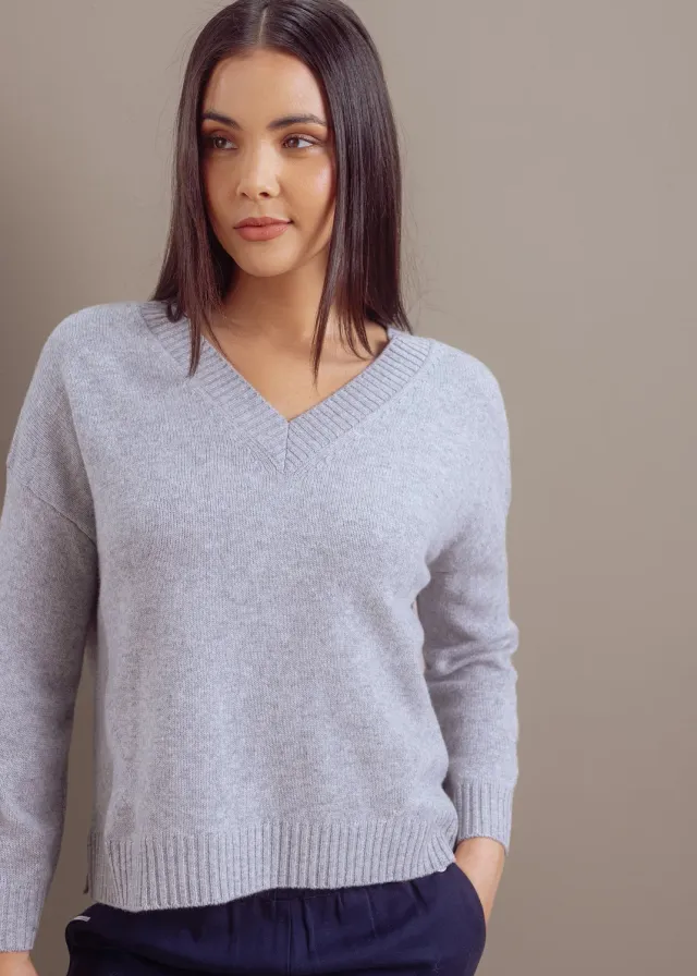 Senatex V-Ausschnitt-Pullover Merinowolle Pullover Silver fein