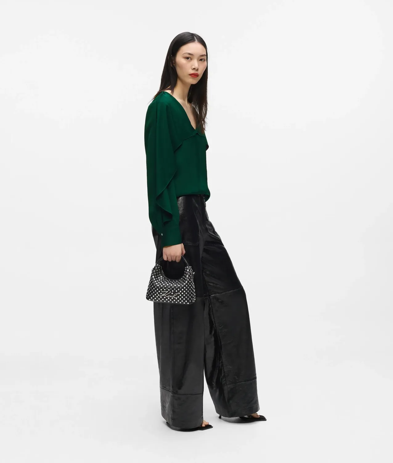 Karl Lagerfeld V-Neck Flounce Bluse Rüschen weiß