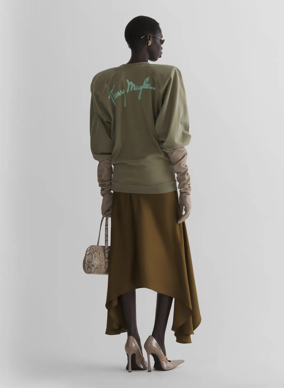 Mugler Asymetric Fluid Midi-Rock khaki Seide