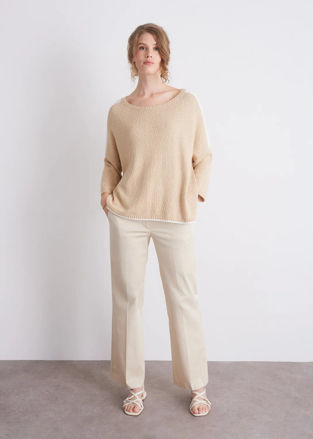 Senatex Baumwollpullover Rundhals Beige Combo Baumwolle