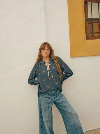 Mos Mosh MMHClear Indigo Bluse Jacquard V-Ausschnitt