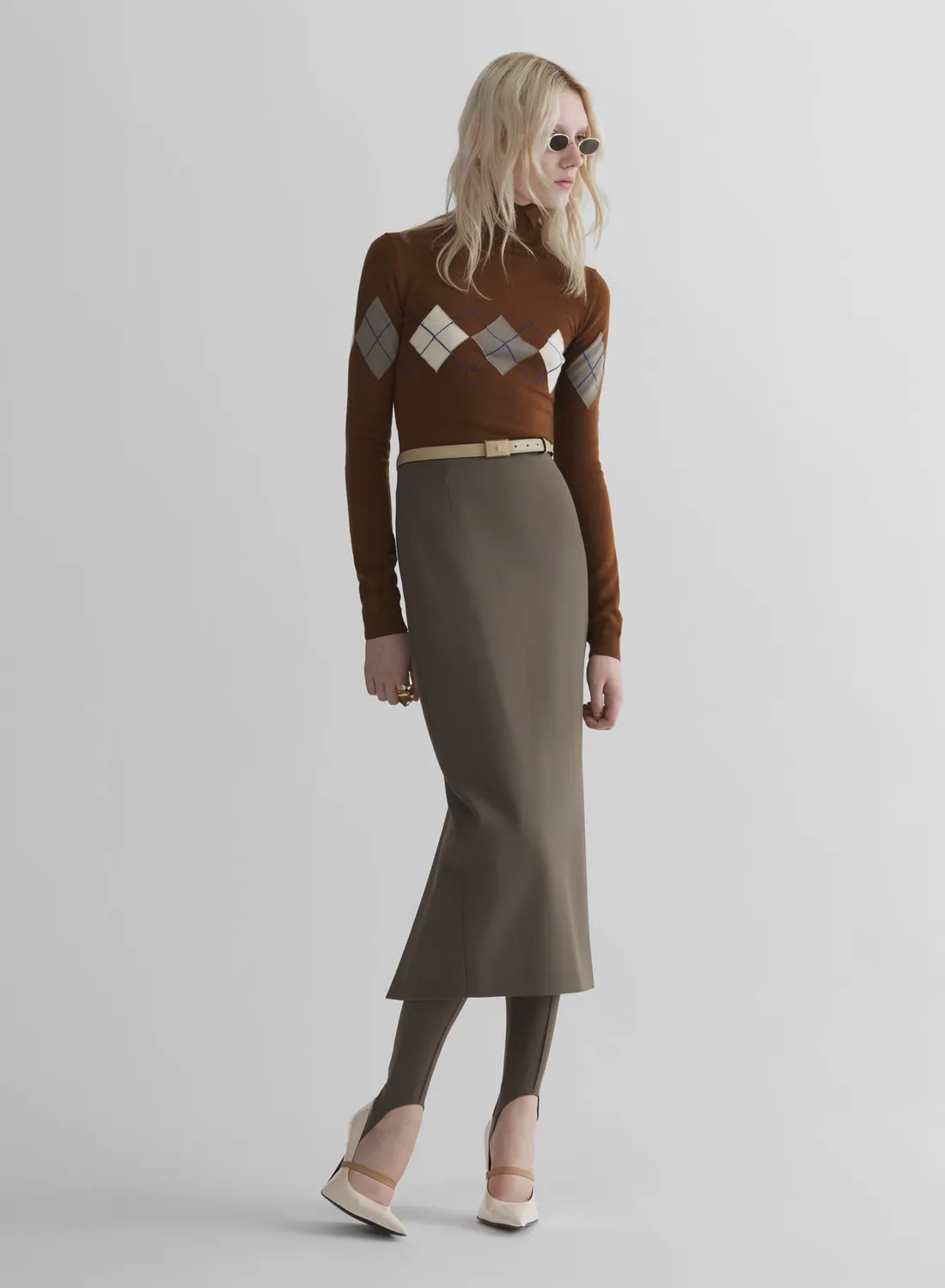 Mugler Argyle Top Braun Wollmix Figurbetont