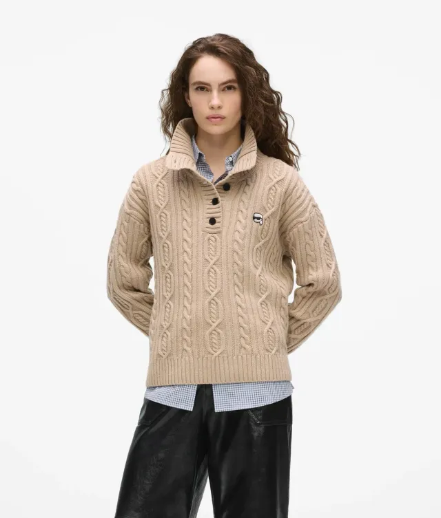 Karl Lagerfeld Ikon Cable Knit Polo Pullover Wolle