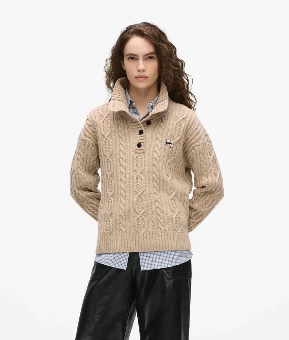 Karl Lagerfeld Ikon Cable Knit Polo Pullover Wolle