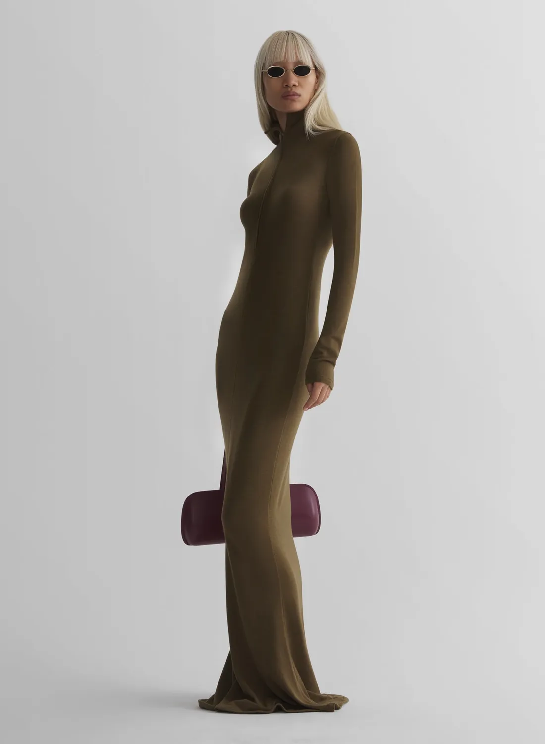 Mugler Column Jersey Kleid Military Green Wolle