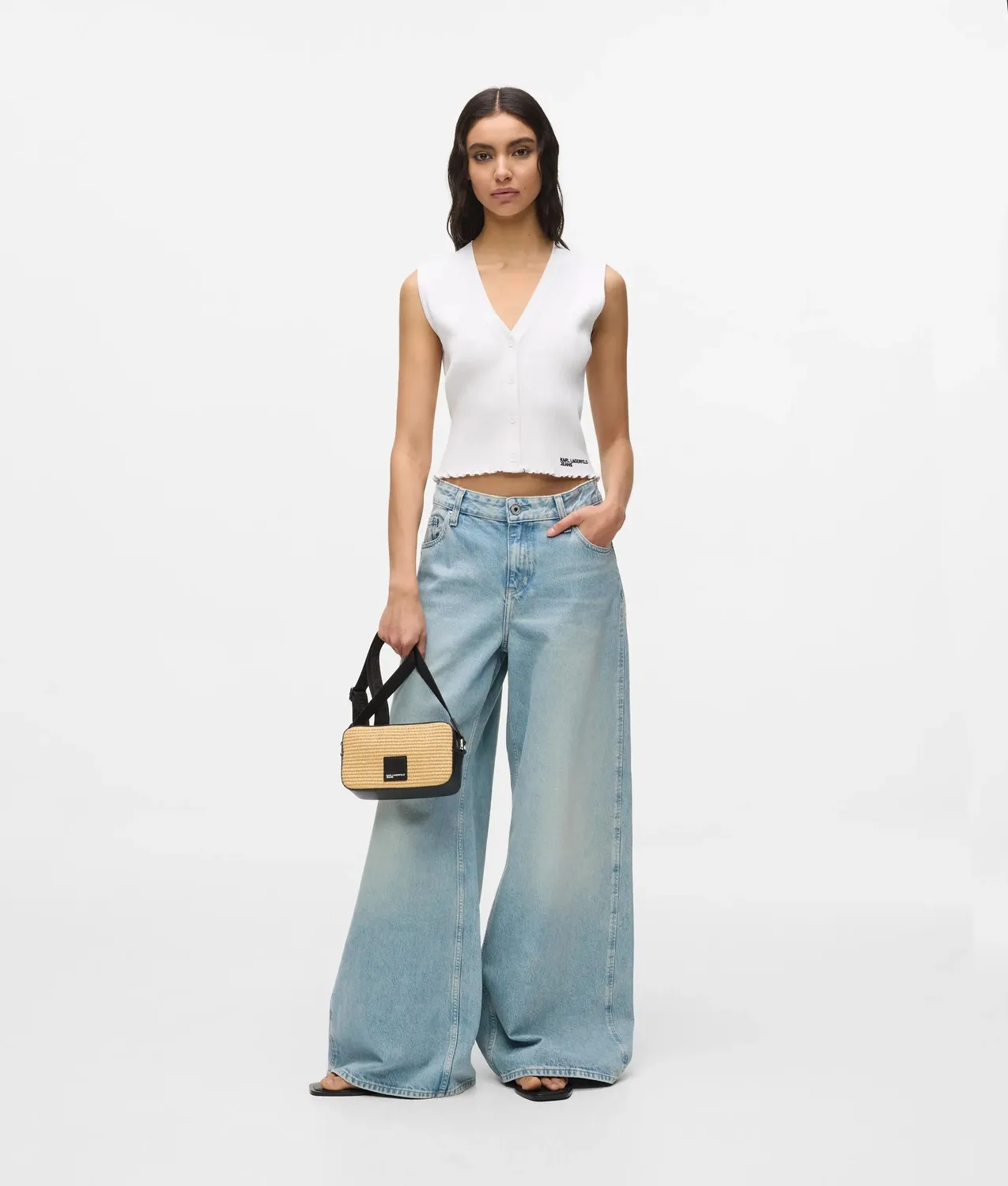 Karl Lagerfeld KL Jeans Ripp-Stricktop Knopf Rüsche