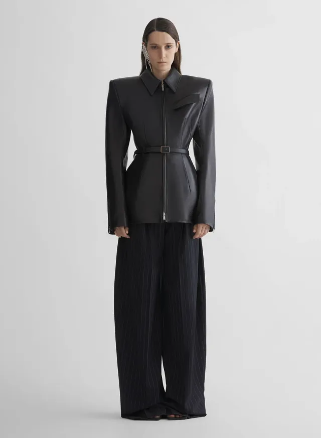 Mugler Pinstripe Wide Pleated Hose Navy Wolle weit
