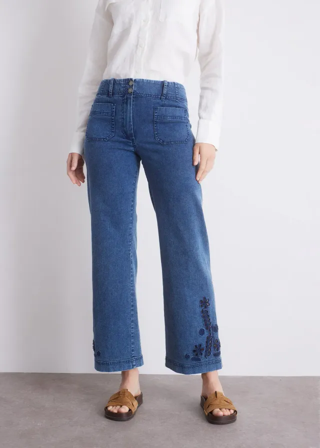 Senatex Culotte-Jeans Stickerei Jeans Denim verkürzt