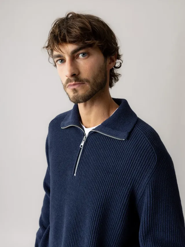 Mos Mosh Porter Soft Quarter-Zip Strick Navy