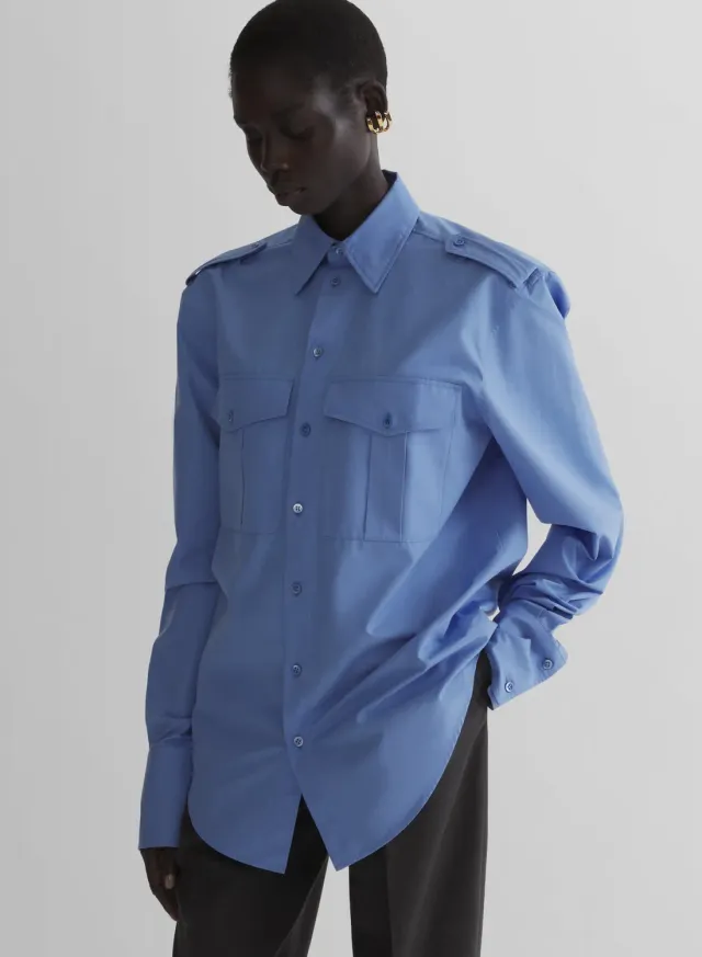 Mugler Military Hemd Smok blau gerader Schnitt