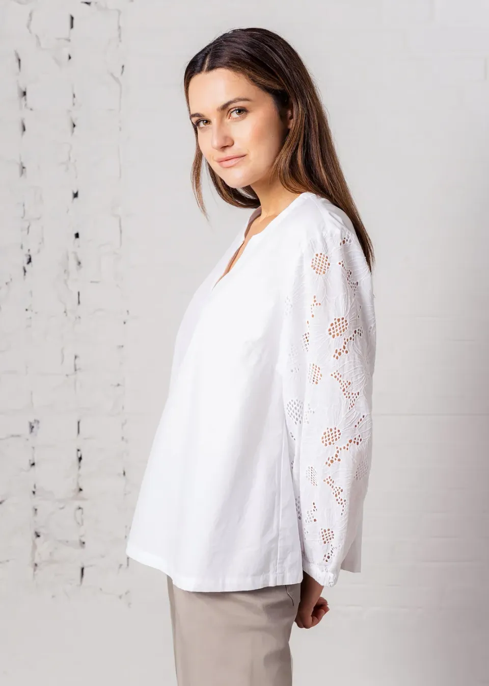 Senatex Bluse mit Spitzen-Ärmeln Bluse White Baumwolle