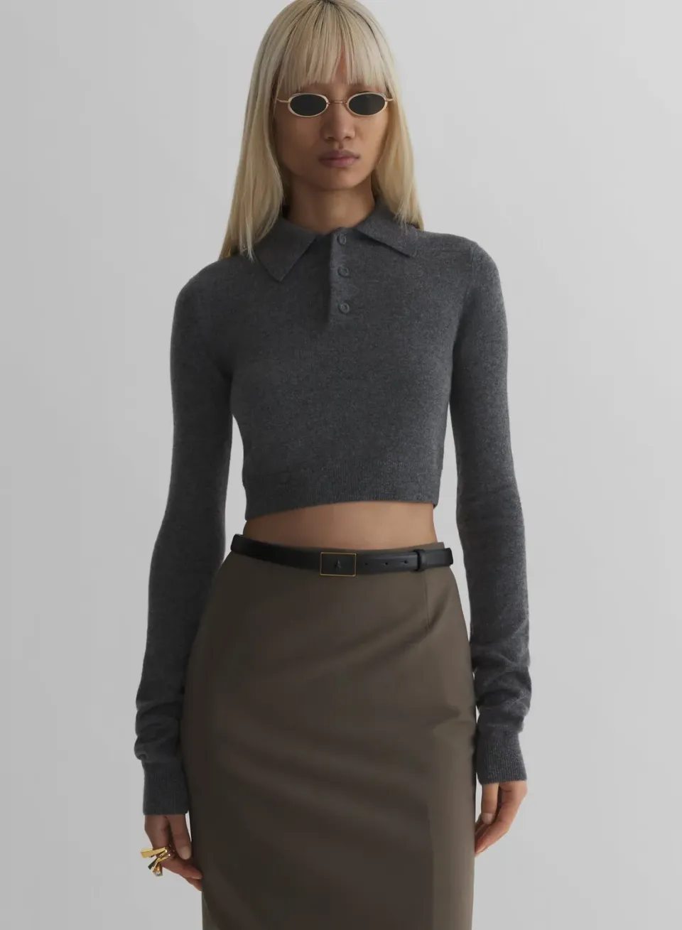 Mugler Cashmere Cropped Strickpolo Grau