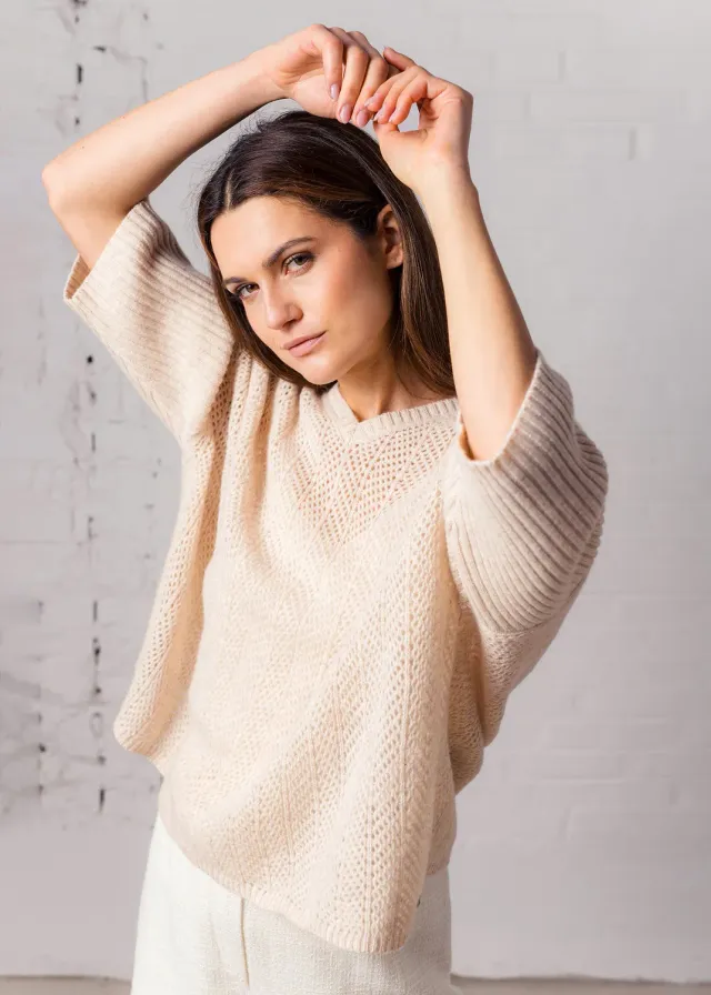 Senatex Oversized Ajour-Strickpullover Pullover Sand Wolle