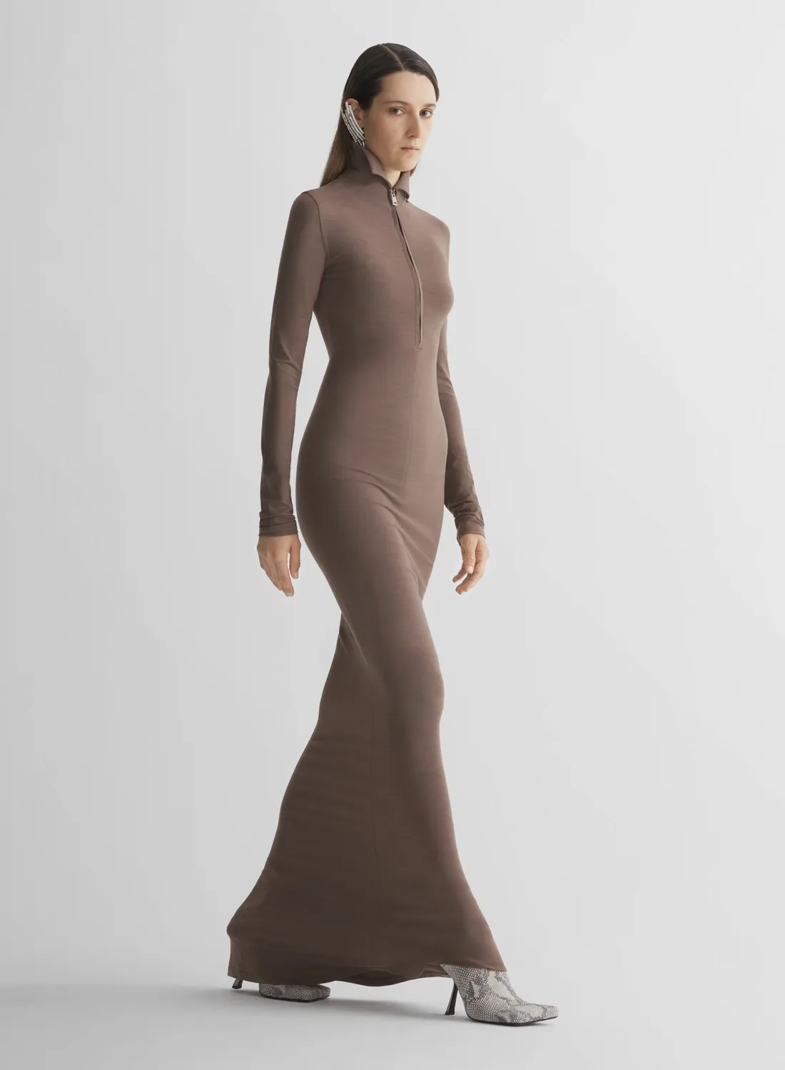 Mugler Jersey Column Kleid Schwarz bodenlang Wolljersey